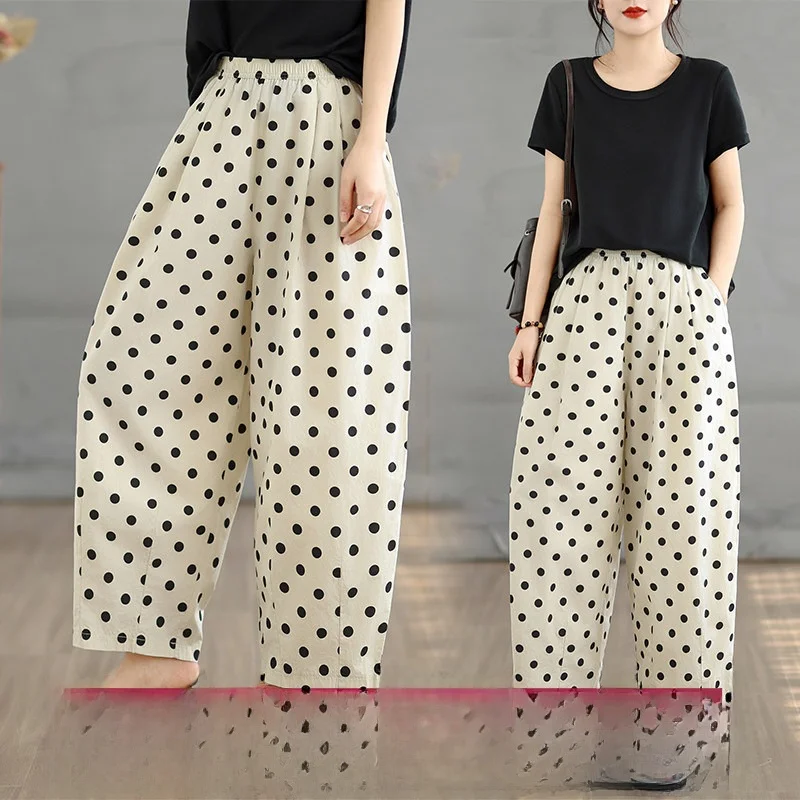 

2026 New Women's Polka Dot Loose Wide Leg Pants Nine Points Elastic Waist Thin Model Casual Cotton Spring Summer Pants