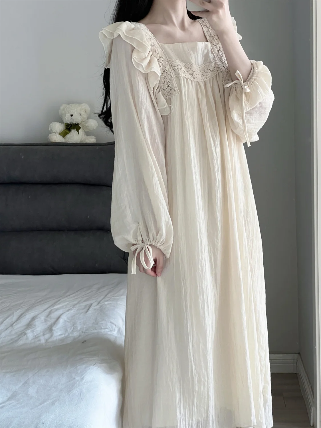 Women Spring Solid Linen Pajamas Dress Female Lace Trim Puffle Sleeves Nightdrss Students Long Dress Oversize Home Clothing 4XL