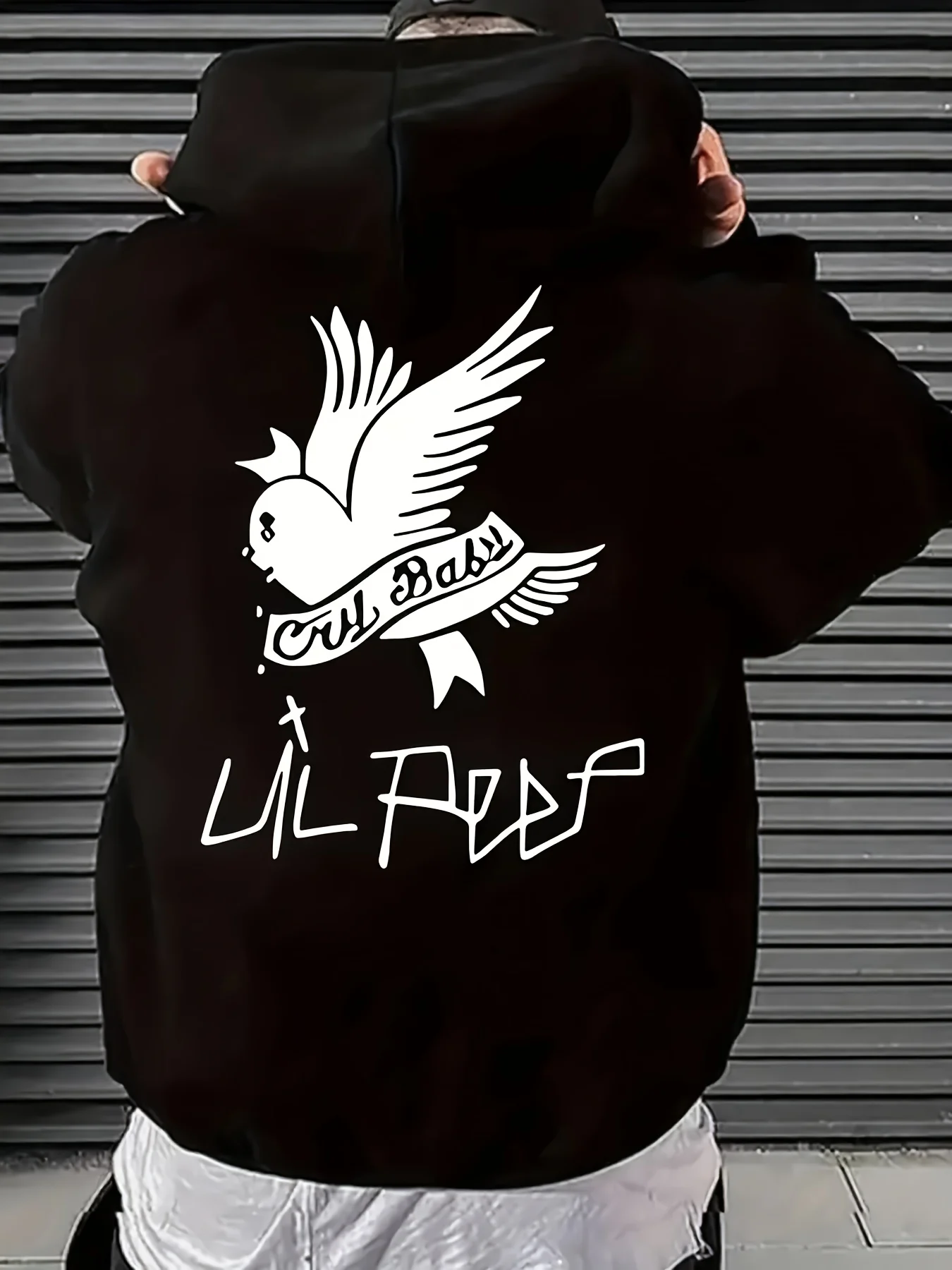 

Свободный и повседневный пуловер с капюшоном с черно-белыми геометрическими узорами для мужчин, с птицей.