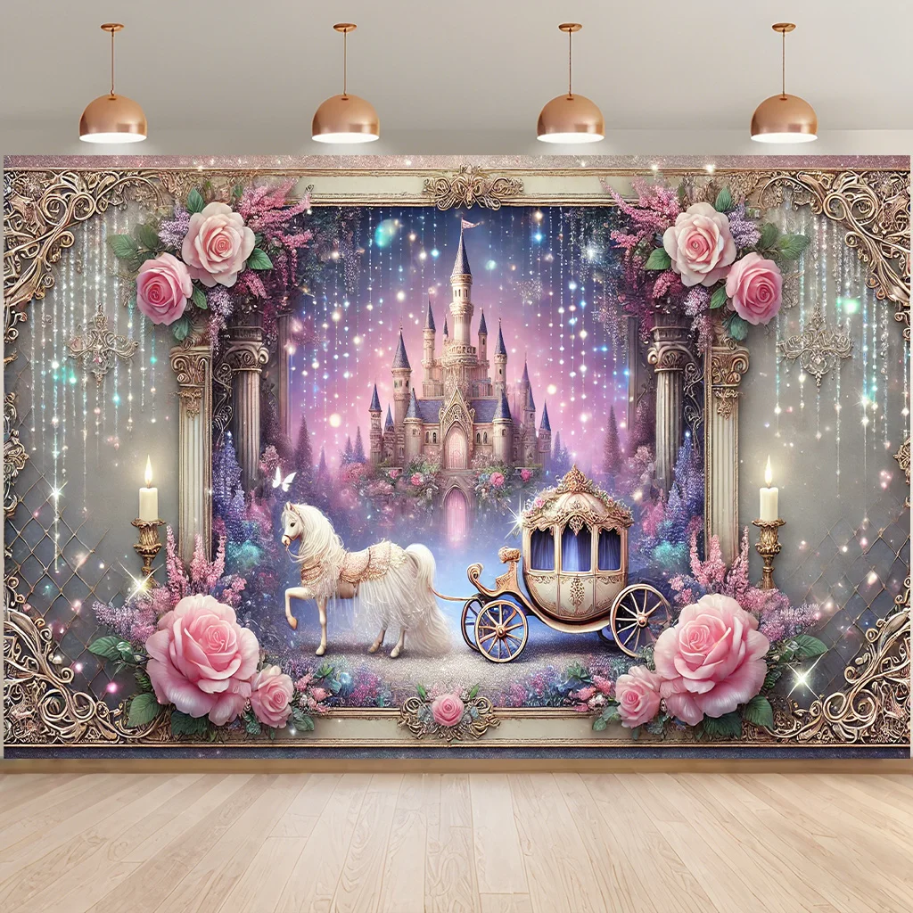 Fond de conte de fées enchanteresse - scènes fantaisistes de château et de chariot avec fleurs et lumière des étoiles