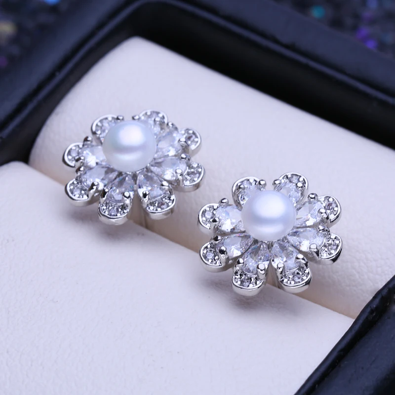 FENAS Natural Freshwater Pearl Earrings For Women Fashion Silver Color Flower Stud Earrings Wedding Jewelry