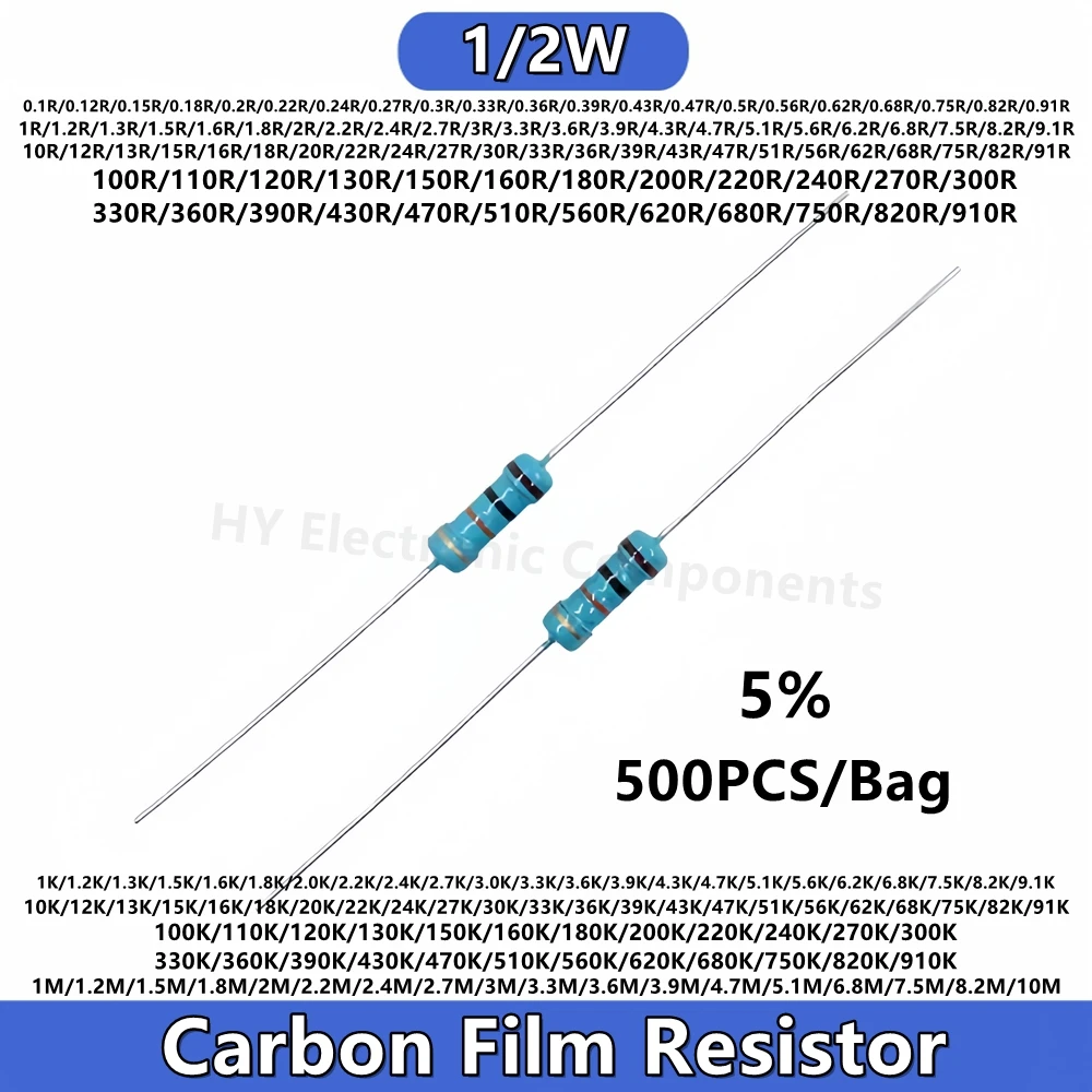 500PCS 1/2W Carbon Film Resistor 5% 1R 1M 10R 100R 220R 330R 1K 2.2K 3.3K 4.7 6.8K 10K 22K 47K 100K 10 100 220 330 470 910 ohm