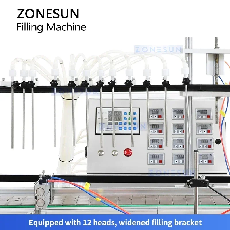 Zonesun เครื่องบรรจุของเหลวอัตโนมัติ 12 หัว 30-4000ml ขวดน้ําฟิลเลอร์ปั๊มไดอะแฟรมบรรจุภัณฑ์สาย ZS-VTDP12P