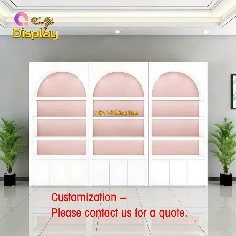 custom.Custom Modern Skincare Shop Cabinet Stainless Steel LED Lighting Recyclable Large Storage Cosmetic Retai