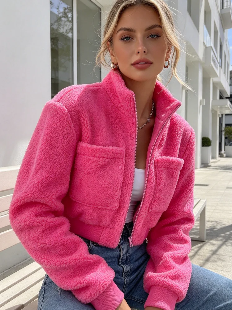 Women Sherpa Jacket Zip Up Stand Collar Cropped Fleece Coat With Pockets Long Sleeve Warm Teddy Outerwear Casual Streetwear