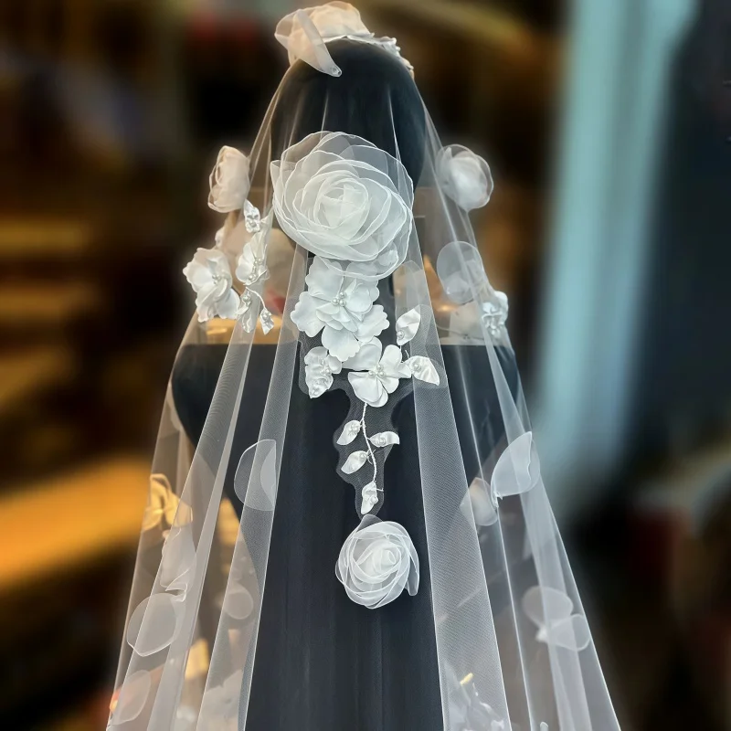 Bridal Tulle Veil With Comb Organza 3D Floral Appliques Pearl Hair Accessory For Bride Wedding Ceremony Reception Party Ornament
