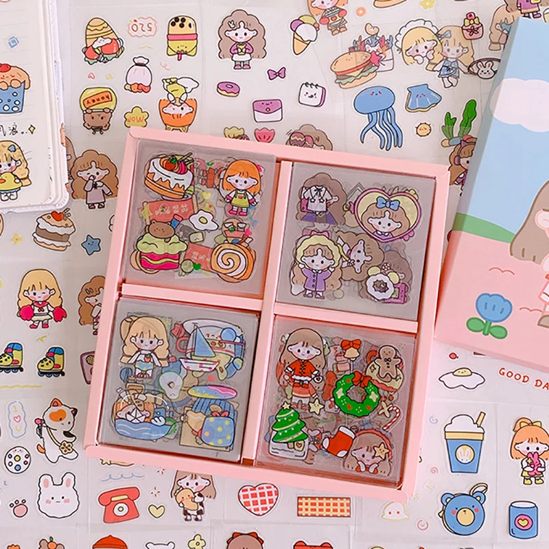 100Pcs Cute Cartoon Patterns Stickers DIY Transparent Notebook Decoration Waterproof Scrapbook Decor Kids Gift