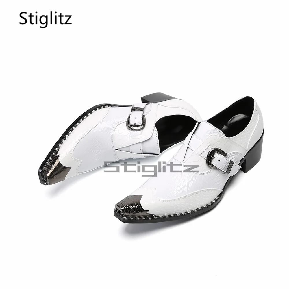 

High Heels White Cowhide Dress Shoes for Men Metal Pointed Toe Casual Business Shoes Trendy Genuine Leather Party Wedding Shoes