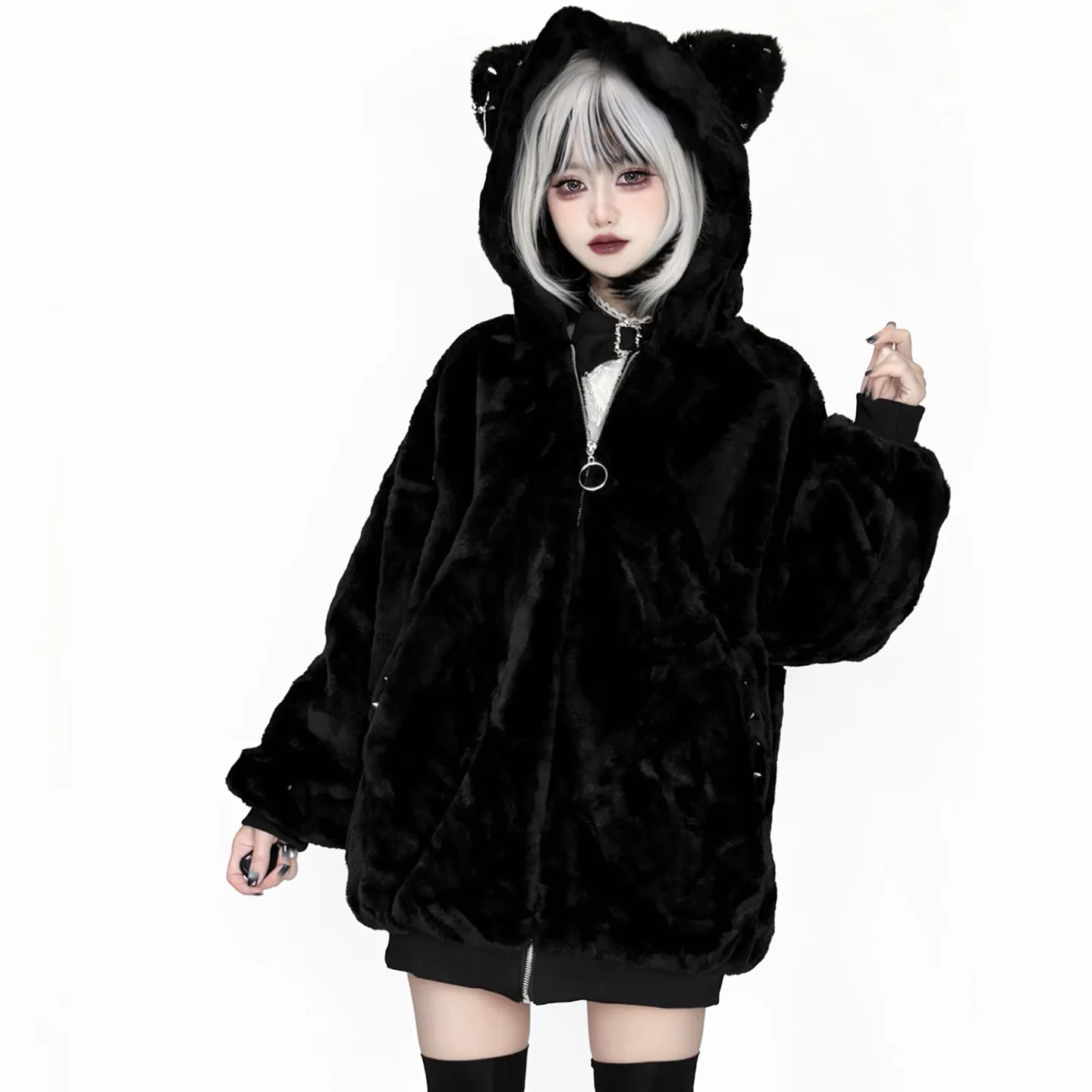Winter New Subculture Dark Series Original Design Cute Cat Ear Plush Warm Coat Riveted Loose Casual Comfortable Coats for Women