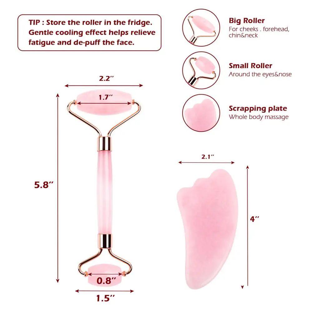 FOMIS-천연 로즈 쿼츠 롤러 제이드 롤러 스톤 구아샤 스크레이퍼 페이스 리프팅 마사지 뷰티 케어 도구, 스킨 아이 바디 마사지