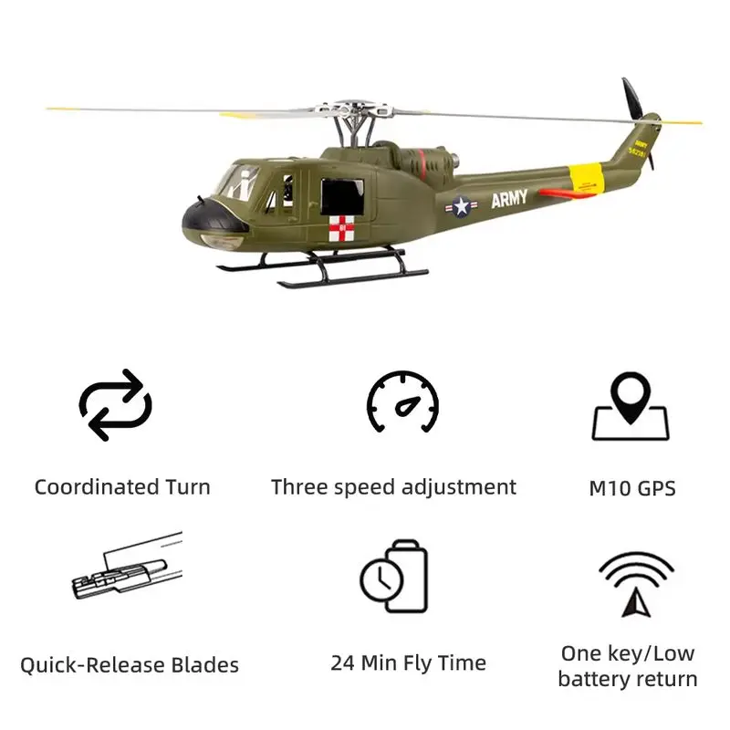 Flying wing UH1V4 flying wing Huey UH1 four-paddle two-color remote control helicopter with GPS simulation remote control model.