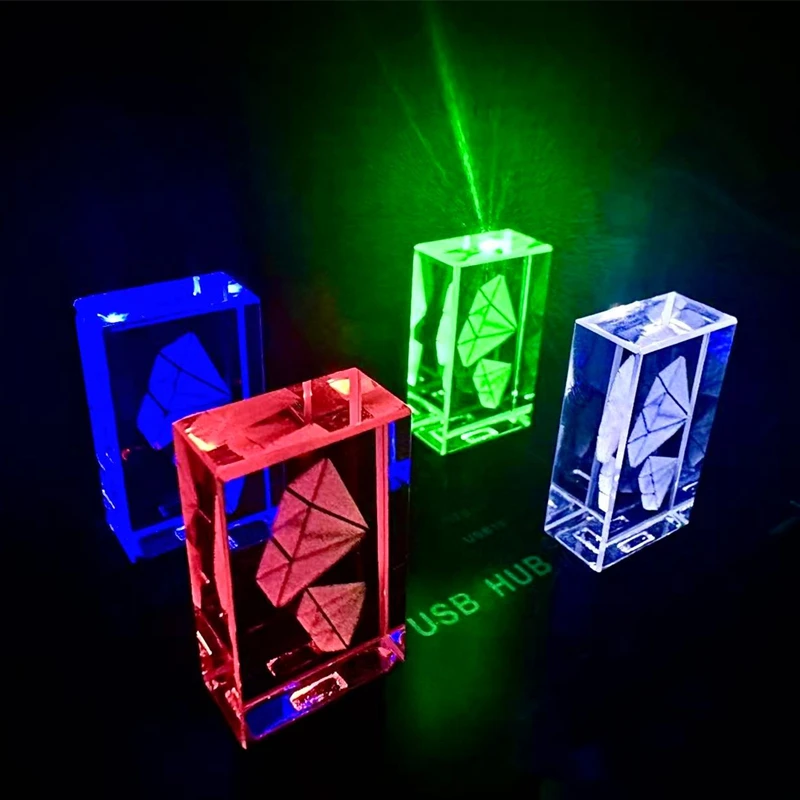 Free Custom Laser Engraving Diamond LOGO Metal Silver Crystal USB2.0 Color LED Light Flash Drive 4GB 8GB 16GB 32GB 64GB 128GB