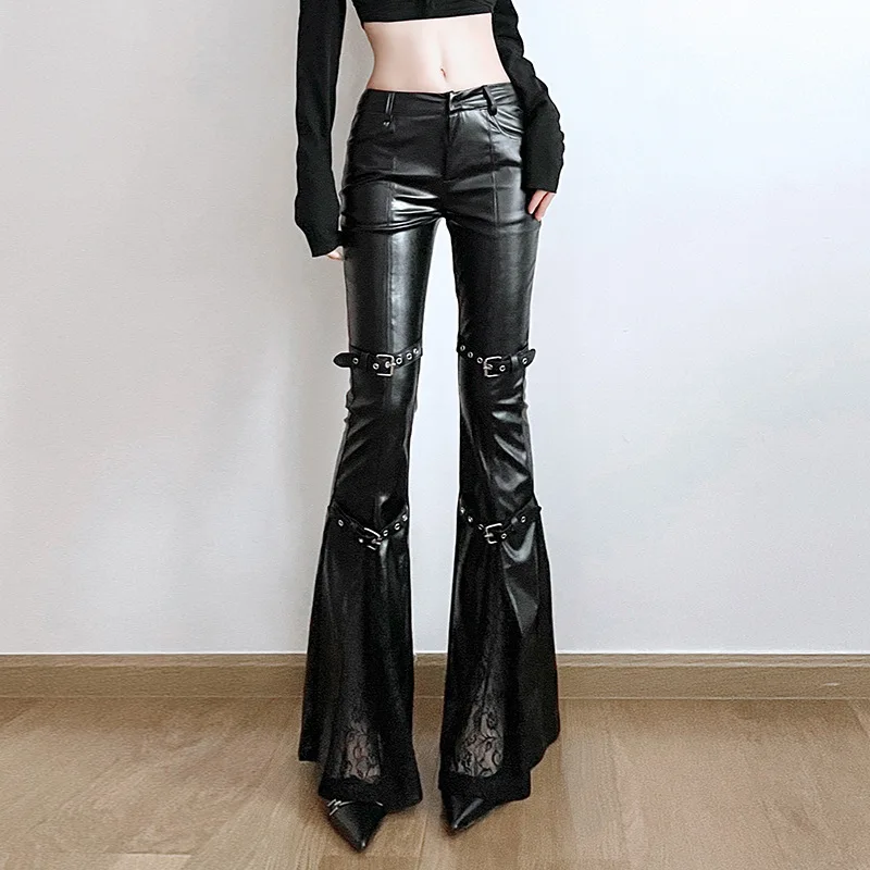 Black Lace Patchwork Leather Flared Pants For Women Street Style Sexy Buckle Low-Waist Slim Fit PU Trousers Spring