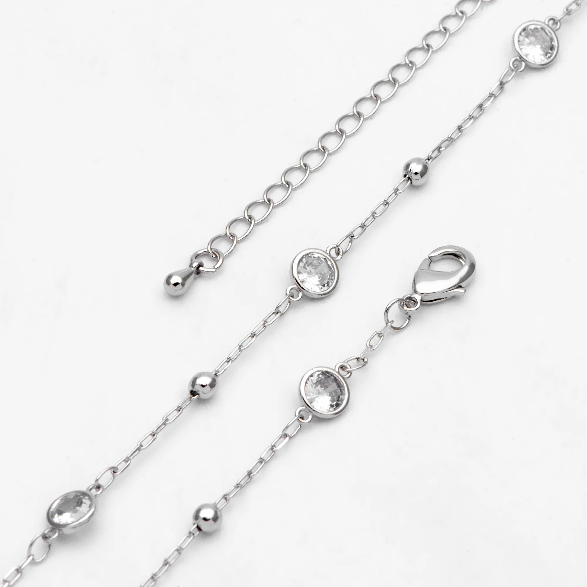 Adjustable Necklace with Extender, Rhodium Plated Brass, CZ Paved Beaded Chain, 16-18 Inch, Ready to Wear (#LK-584)