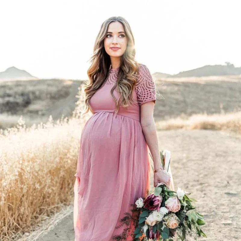 Maternity\'s Dress Pregnancy Photography Props Dusty Pink Long Chiffon Elegant Pregnant Women Clothes Lace Dresses