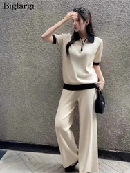 Knitted Summer 2 Two Piece Set Women Short Sleeve Casual Korean Style Ladies Blouses High Waist Modis Loose Woman Wide Leg Pants