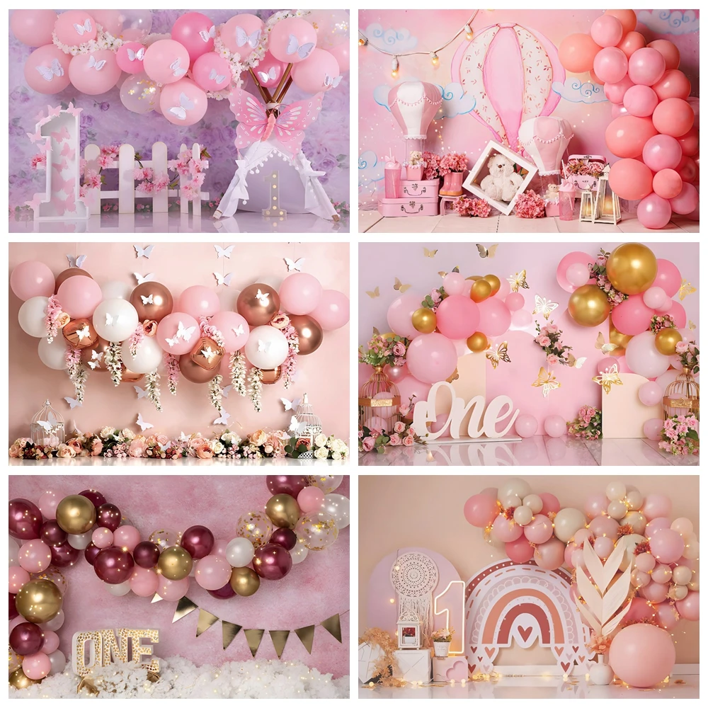 

Girls 1st Birthday Backdrops Boho Style Pink Balloon Butterfly Castle Party Decor Baby Shower Background for Photography Props