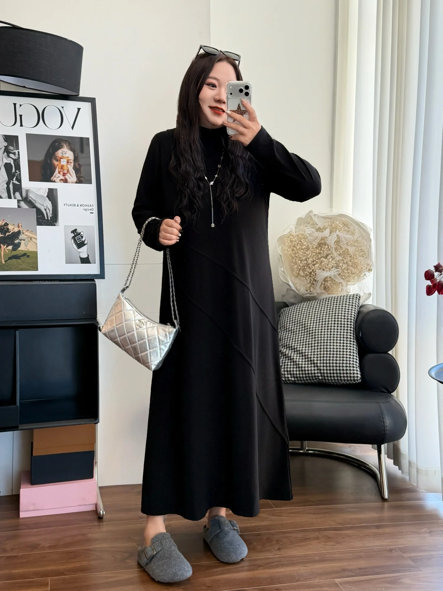 

plus Size Women's Casual Versatile Long Dress Thick German Velvet A-Line Skirt Style Commute Simple Design Spring Initial Hig...
