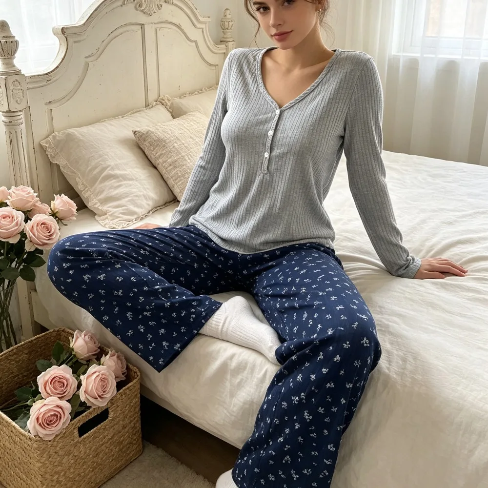 Women Autumn Winter Ribbed V Neck Long Sleeve Top Floral Print Long Pants Pajama Set Soft Casual Loungewear Leisure Sleepwear