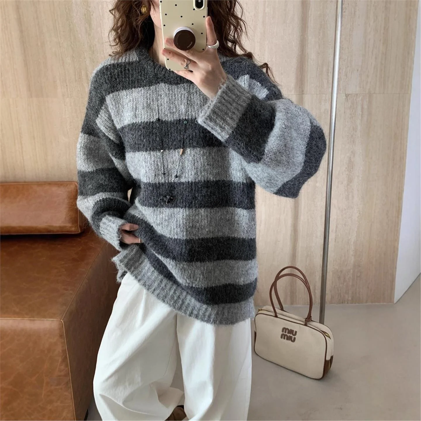 

Свободный крой круглый вязаный свитер Ne ort, женский свитер Lazy Faion, корейская версия, осень-зима, Новое поступление, эффект похудения