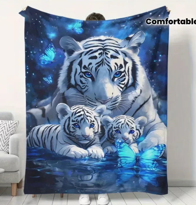 Cute Baby Tiger Family Blue Galaxy Night Scene Throw Blanket Cozy Plush Pet Lover Gift