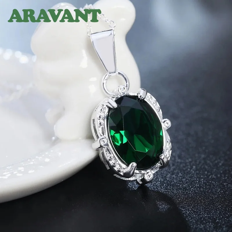 Aravant 925 Silver Green AAA Zircon Pendant Necklace For Women Fashion Party Wedding Jewelry Gift