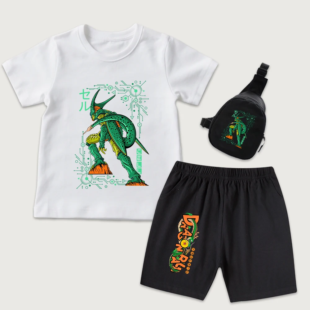 Dbz Cell Print Kids Outfit 3pcs Set Cotton T Shirt Shorts with Mini Chest Bag for Boys and Girls Daily Wear Summer