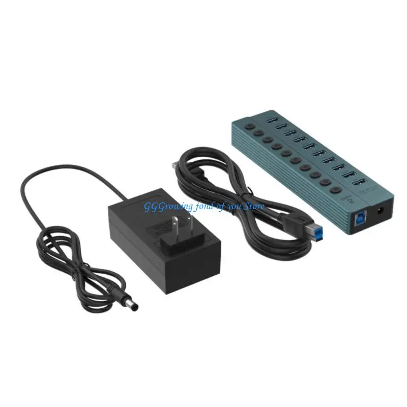 

H9EB 10 Port USB3.0 Fast Speed Adapter Individual Switches Per Port 5Gbps USB Dock Station Fast Speed Metal Construction