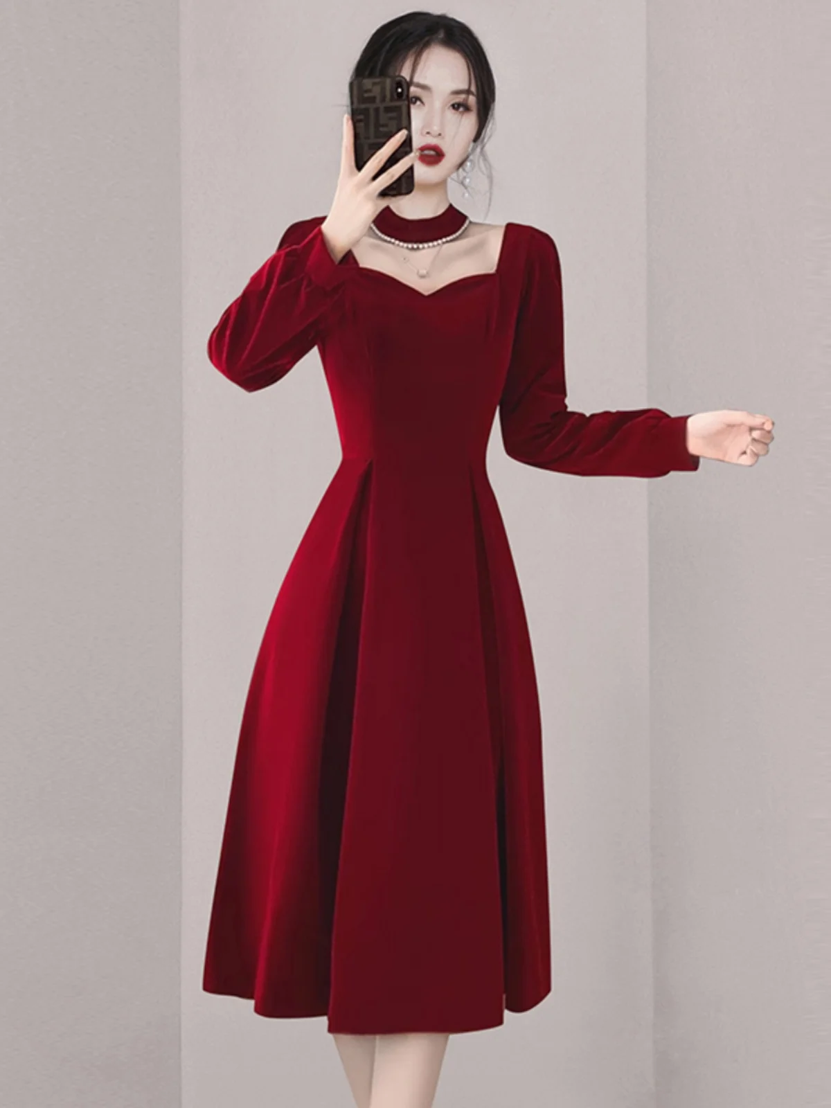 

Ele Red Velvet Evening Dr Vintage Little Bla Dr High-End Feeling Wedding Engagement Dinner Par Long Sve Mid-...