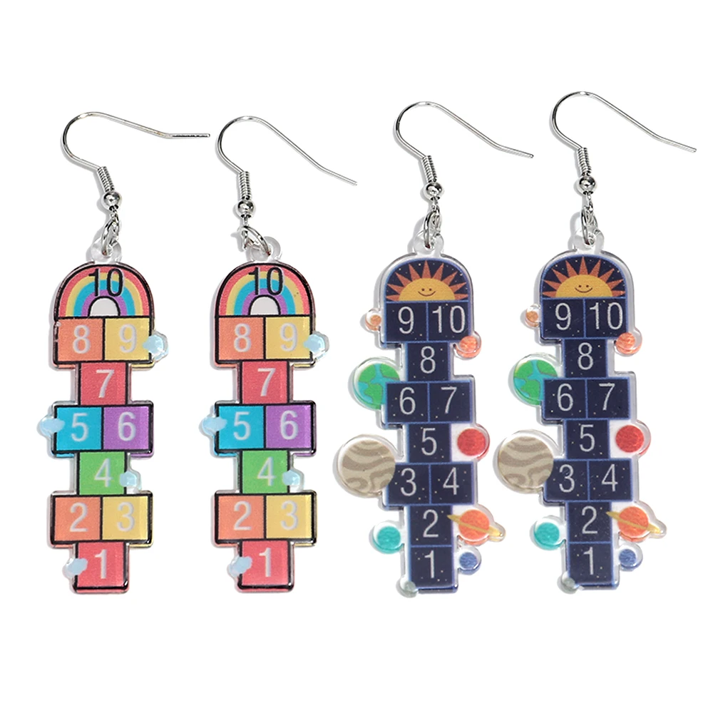 Creative Cartoon Jumping Plaid Long Pendant Earring Acrylic Printing Dangle Earrings for Women Personality Jewelry Gift
