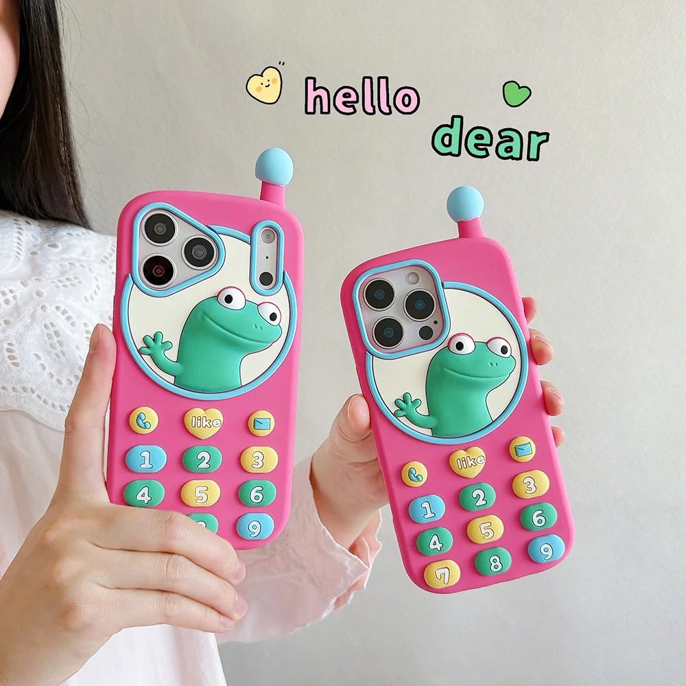 Super Cute Cartoon Lizard Brick Phone Case For iPhone 17 16 15 14 13 12 Pro Max Plus Silicone Shockproof Cover