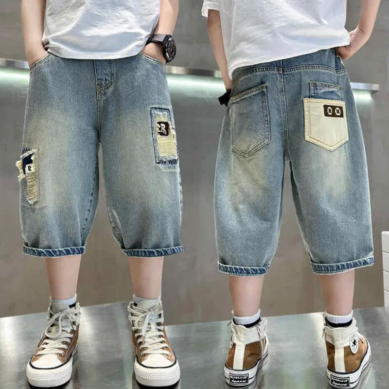 Teens Boy Summe Ripped Denim Shorts for Kids High Fashion Jeans Capris with Hole Children Stylish Mid Calf Pants 5 7 9 11 13 14Y