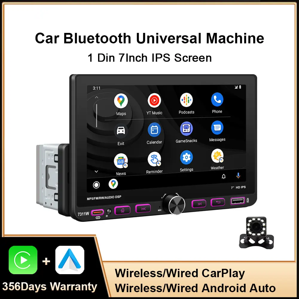 7inch 1Din Wireless Carplay Android Auto Car Radio Multimedia MP5 Video Player IPS Touch Screen FM RDS Bluetooth USB Type-C Fast