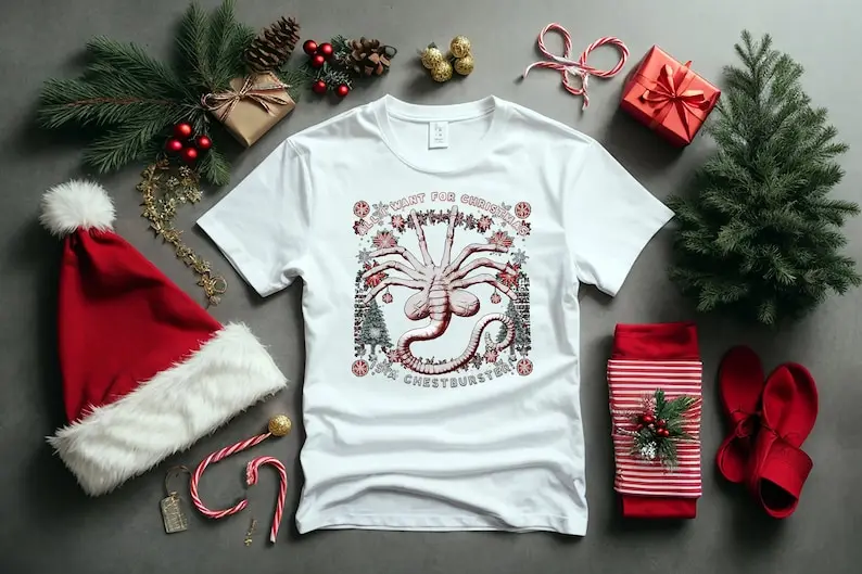 All I Want For Christmas Is A Chestburster! Alien Xenomorph ugly Sweater design style T-Shirt Unisex T-Shirt Digital Print Sizes