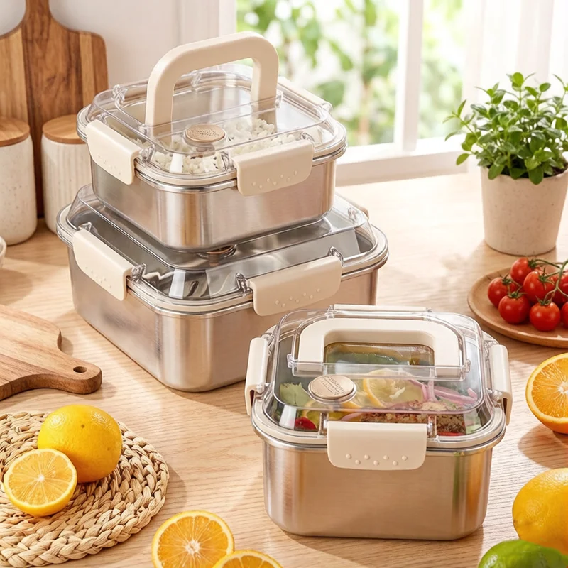 

Portable Large Capacity Stainless Steel Food Container Sealed Lunch Box With Handle Outdoor Camping Picnic Fruit Salad Bento Box
