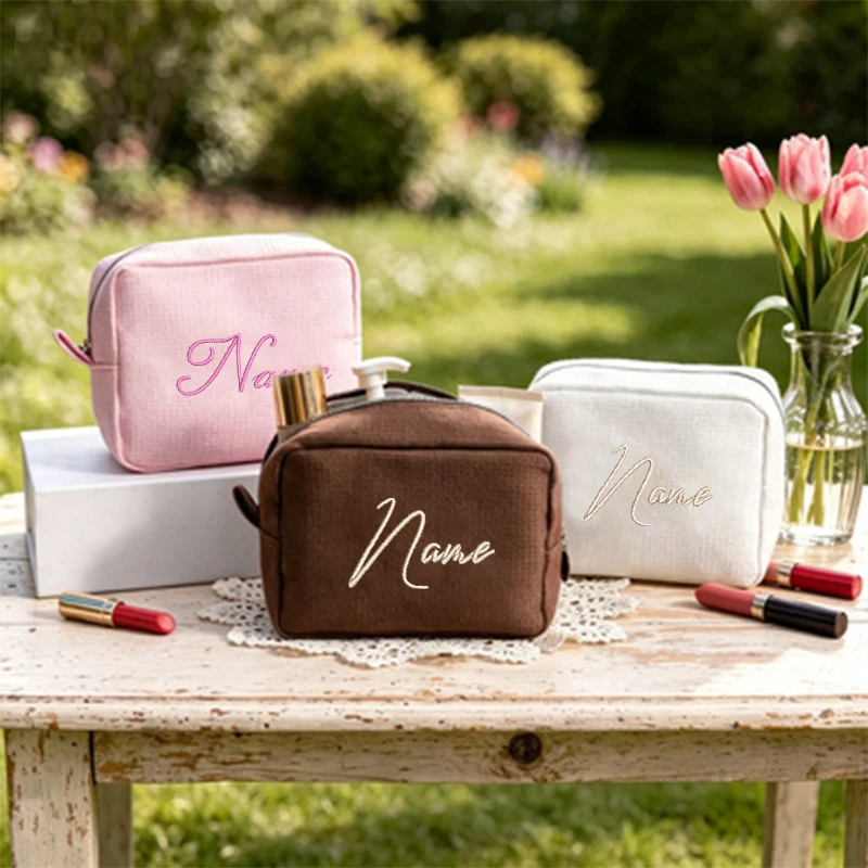 Custom Embroidered Waffle Cosmetic Bag,Bridesmaid Gift Bag,Monogrammed Makeup Bag Bridal Party Gift Bag Back-to-School Gifts