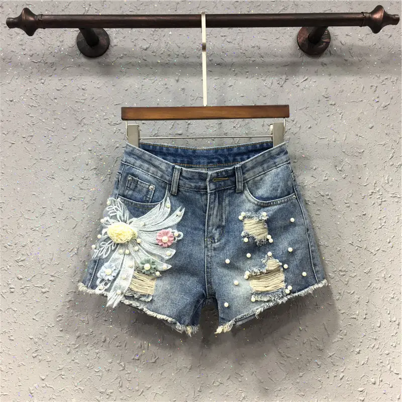 

2024 Summer New Tassel Ripped Hole Flower Pearls Embroidered Blue Jeans Shorts Woman Korea Beading Denim Shorts Female