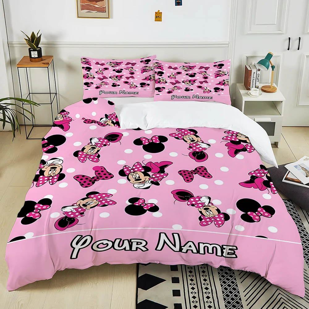 

3PC Cartoon M-Minnie Printed Custom Name Quilt Cover Pillowcase Bedding Set Kids Adult Comfortable Bed Set Twin King Bedding Set