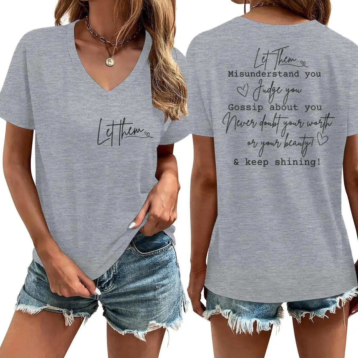 Let Them Letter Print V-neck Short Sleeve Soft Tee Inspirational Quotes Gift for Women Casual Positive Quotes Woman T-shirts