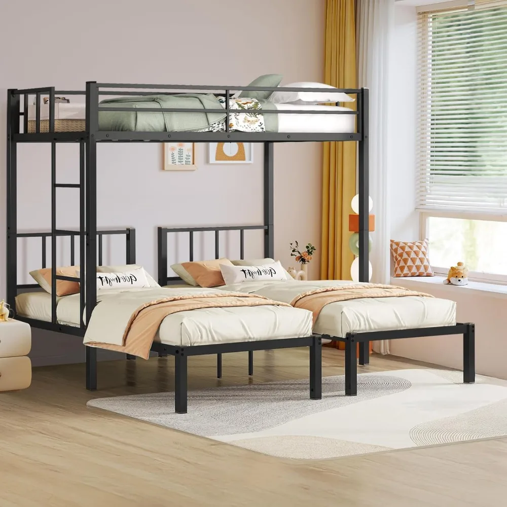 Twin Over Twin & Twin Bunk Beds for 3, Triple Bunk Bed for 3 with Guardrails, Ladder & Upper-Bed Platform, for Children, Teens