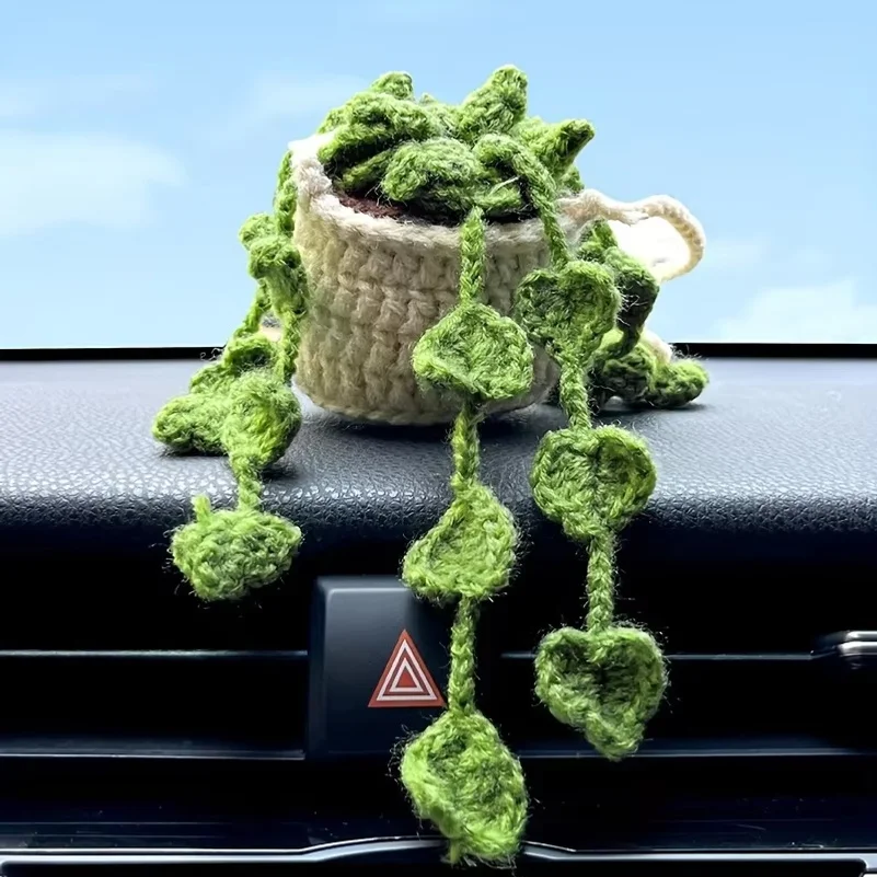 NEW Cute Potted Plants Crochet Car Basket,Hanging Plant Crochet for Car Decor,Car Ornament Rear View Mirror Hanging Accessories 3