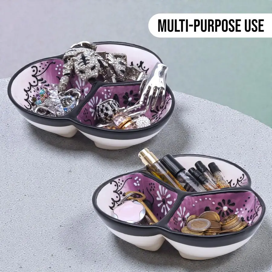 Plato de cerámica de 3 compartimentos para servir aperitivos y salsas, bandeja para condimentos y bocadillos, hecho a mano en España, sin plomo, apto para microondas.