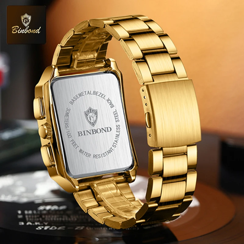 BINBOND Top Luxury Square Fashion Men Watches Square Quartz Stainless Steel Waterproof Sport Automatic Date Business Men Watches