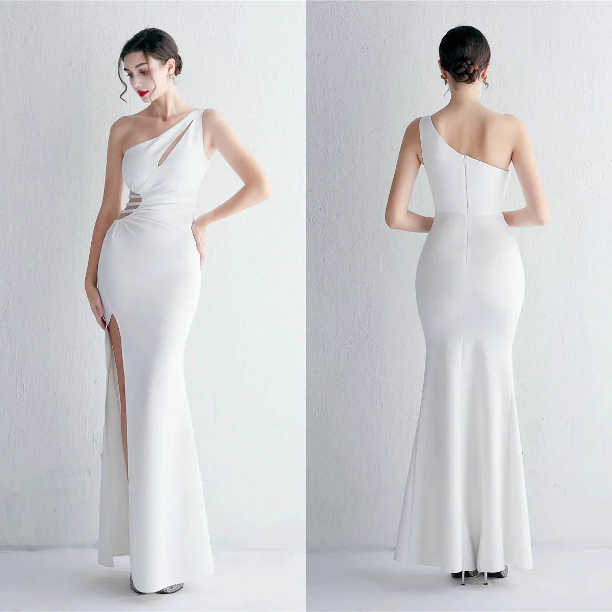 

Evening Dresses White Stretchy One Shoulder Ruffles Zipper Back Mermaid Trumpet Slit Floor Length Women Party Formal Gowns YE036