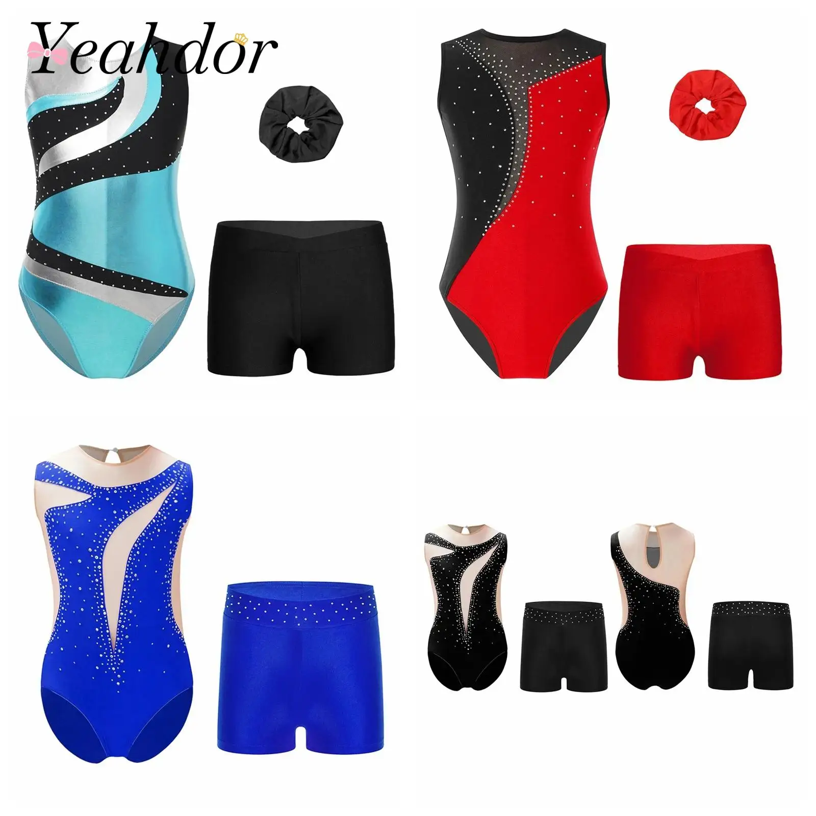 

Kids Girls Ballet Outfit Gymnastics Jumpsuit Dance Metallic Dancewear Sets Shiny Rhinestone Skating Leotard + Shorts Hairband