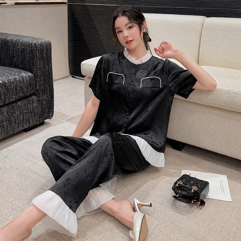 2025 Spring Autumn Elegant Ice Silk Pajamas Women Two Piece Set Short Sleeve Pants TikTok Jacquard Nightgown Sleepwear Home