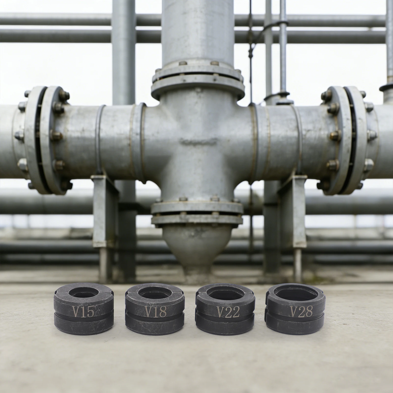 Immagine 5: Set di 4 Pezzi di Teste a V per Crimpatura da 15/18/22/28mm, Pinze per Pressatura Tubi, Set di Teste per Pressatura Tubi, per Crimpatura Tubi in Rame