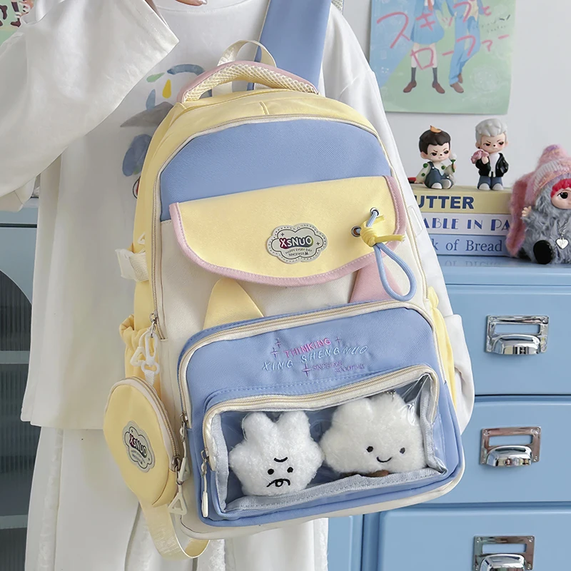 

Милый рюкзак с цветными блоками и прозрачным карманом, съемный кошелек для монет, школьная сумка в стиле аниме для девочек-подростков, повседневная сумка