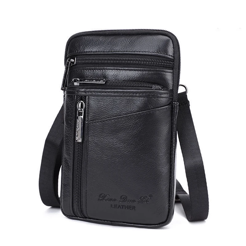 Genuine Leather Men Mini Cross body Shoulder Fanny Bags Casual Hook Cell Mobile Phone Case Messenger Belt Bag Purse Waist Pack