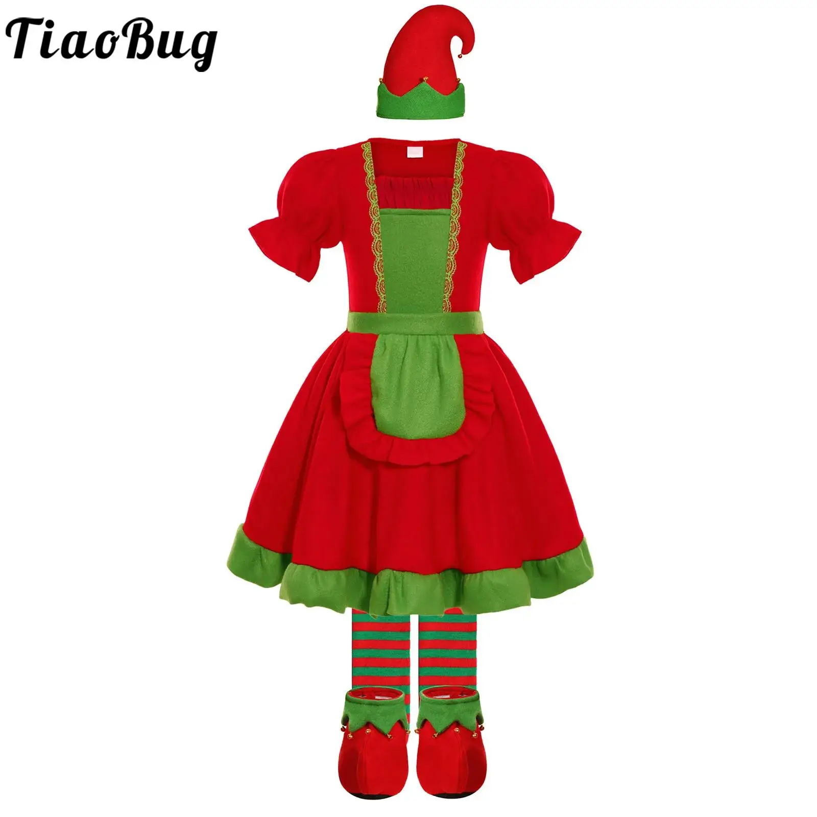 

Girls Christmas Elf Costume Outfit Helper Fancy Dress Up Puffy Sleeve Ruffled Dress with Waistbelt Xmas Hat Socking And Shoes